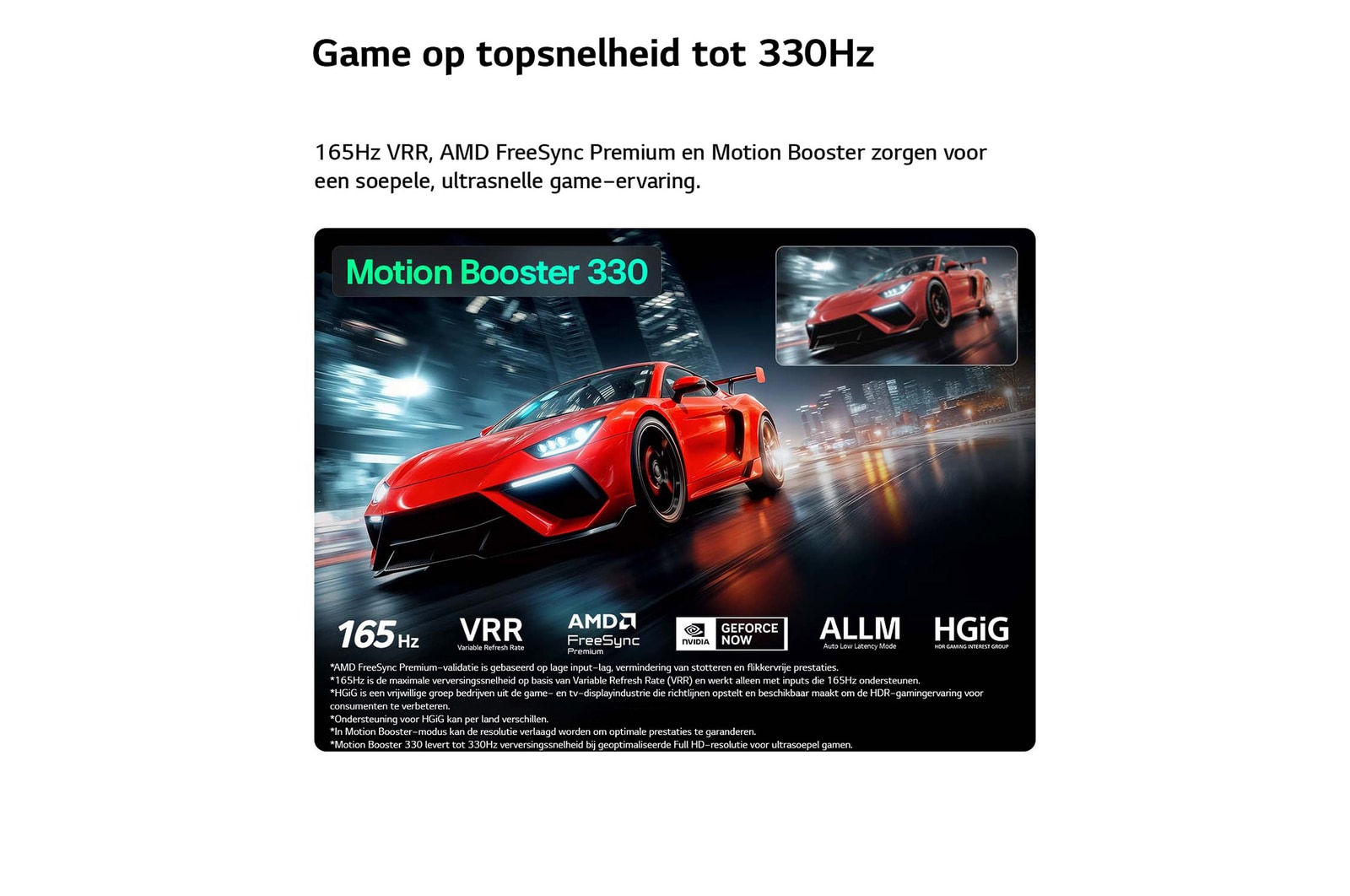 LG Micro RGB evo AI MRGB95 met Ultimate Gameplay toont een levendige, snelle racescène met een vage vergelijkingsinzet die Motion Booster 330 benadrukt, terwijl 165 Hz, VRR, AMD FreeSync, ALLM, HGiG en GeForce NOW worden ondersteund.